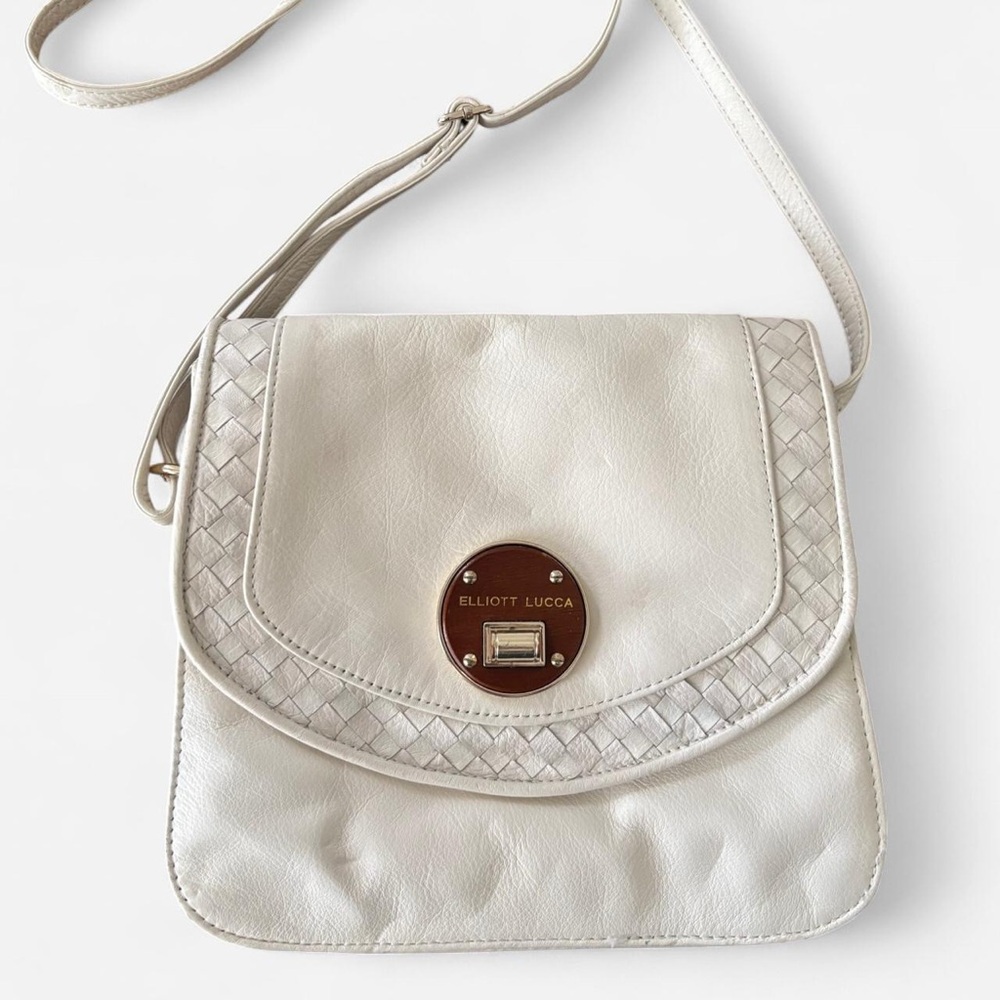 Elliott Lucca Off White Genuine Leather Bag with Logo Flap Magnetic Closure